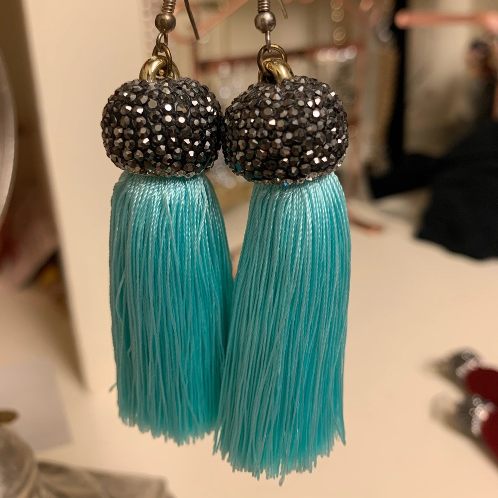 Graphite Rhinestone/ Aqua Tassel Drop Earrings